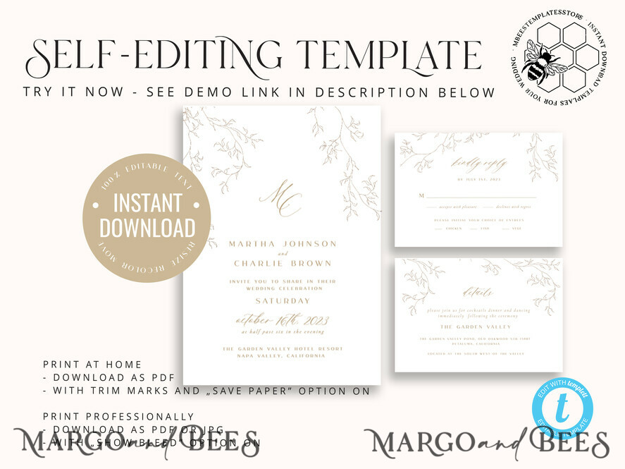 TEMPLETT wedding invitation download Modern wedding invitation template, Instant download Boho Wedding Invites, Simple Wedding Invitation Printable Template, Elegant Invites
