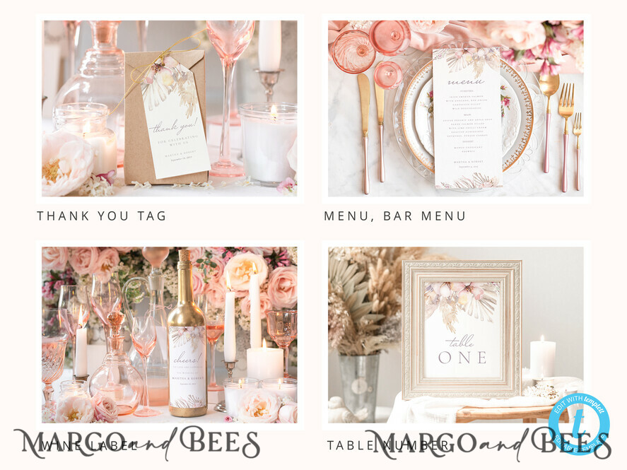 TEMPLETT wedding set Boho Pampas Grass Wedding Set Bundle Templates Elegant Invitation Personalised Template Kit Wedding Invitation Set Invitation Download