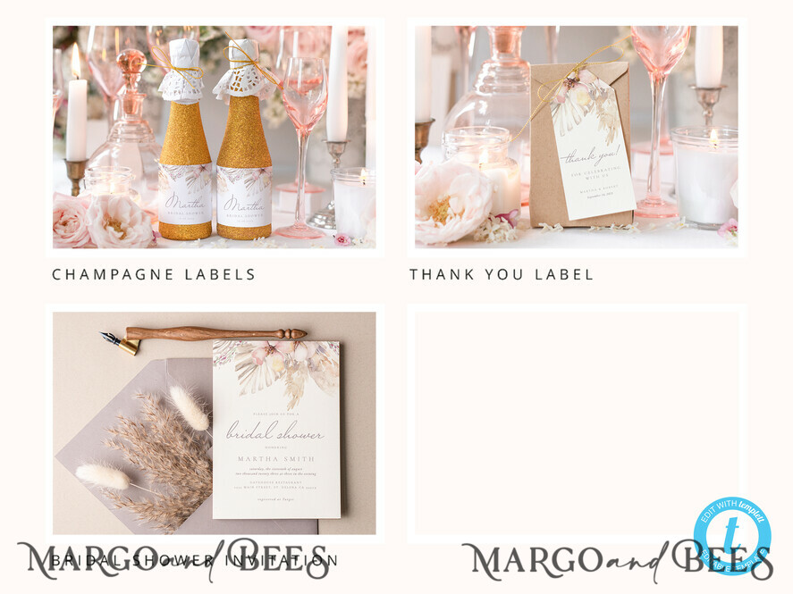 TEMPLETT wedding set Boho Pampas Grass Wedding Set Bundle Templates Elegant Invitation Personalised Template Kit Wedding Invitation Set Invitation Download