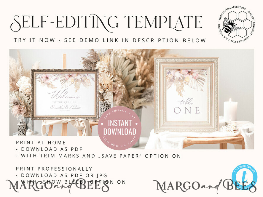 TEMPLETT wedding set Boho Pampas Grass Wedding Set Bundle Templates Elegant Invitation Personalised Template Kit Wedding Invitation Set Invitation Download