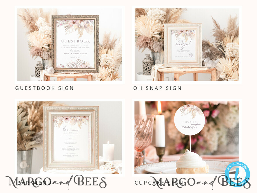 TEMPLETT wedding set Boho Pampas Grass Wedding Set Bundle Templates Elegant Invitation Personalised Template Kit Wedding Invitation Set Invitation Download