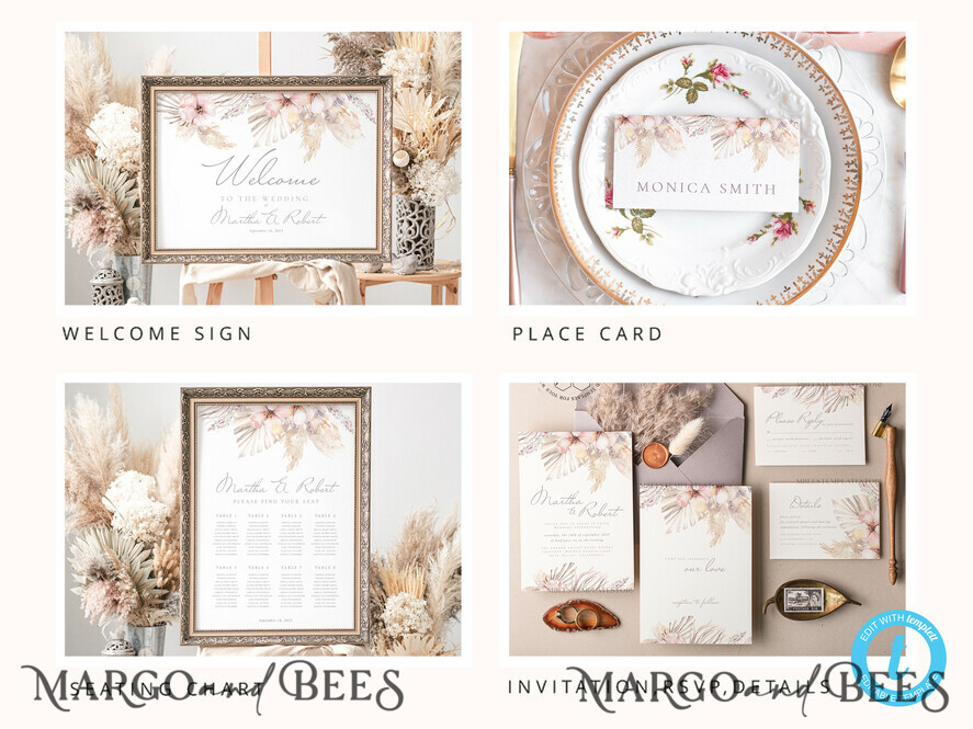TEMPLETT wedding set Boho Pampas Grass Wedding Set Bundle Templates Elegant Invitation Personalised Template Kit Wedding Invitation Set Invitation Download