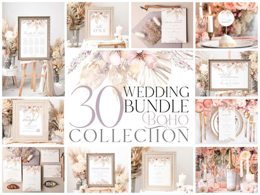 TEMPLETT wedding set Boho Pampas Grass Wedding Set Bundle Templates Elegant Invitation Personalised Template Kit Wedding Invitation Set Invitation Download