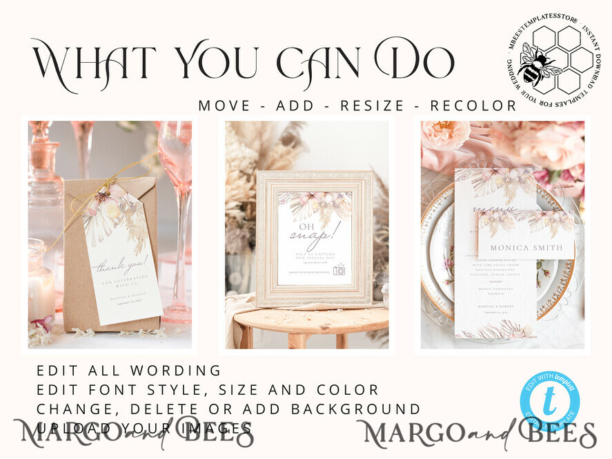 TEMPLETT wedding set Boho Pampas Grass Wedding Set Bundle Templates Elegant Invitation Personalised Template Kit Wedding Invitation Set Invitation Download