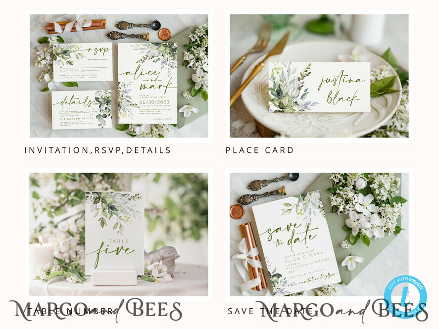 TEMPLETT wedding set Sage Green Boho Wedding Stationery Bundle, Greenery Wedding Template Kit, Wedding Invitation Set, Invitation Template Download Set, WSpr1