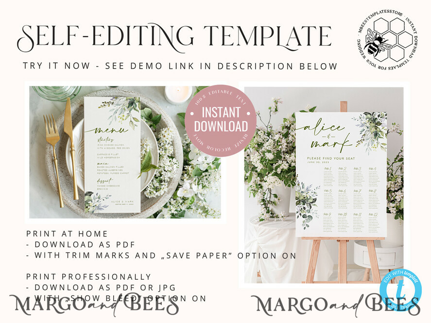 TEMPLETT wedding set Sage Green Boho Wedding Stationery Bundle, Greenery Wedding Template Kit, Wedding Invitation Set, Invitation Template Download Set, WSpr1