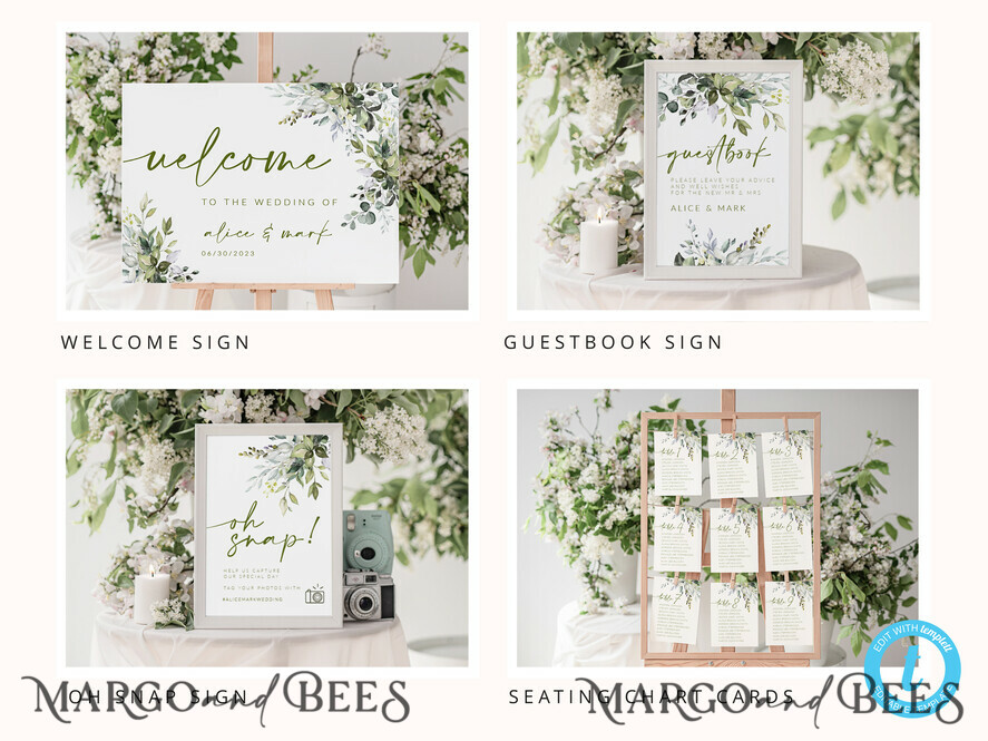 TEMPLETT wedding set Sage Green Boho Wedding Stationery Bundle, Greenery Wedding Template Kit, Wedding Invitation Set, Invitation Template Download Set, WSpr1