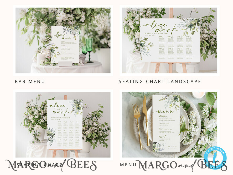 TEMPLETT wedding set Sage Green Boho Wedding Stationery Bundle, Greenery Wedding Template Kit, Wedding Invitation Set, Invitation Template Download Set, WSpr1