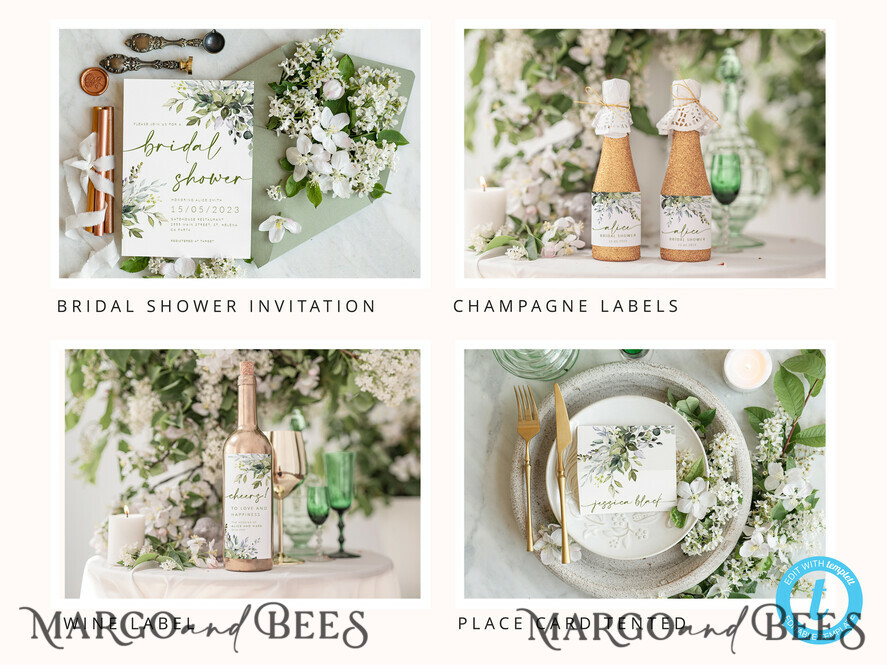TEMPLETT wedding set Sage Green Boho Wedding Stationery Bundle, Greenery Wedding Template Kit, Wedding Invitation Set, Invitation Template Download Set, WSpr1
