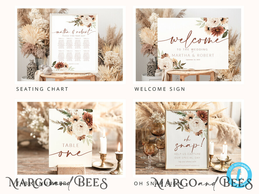 TEMPLETT wedding set Fall Rustic Wedding Invitation template dowload Set, wedding Bundle Templates, Diy Home printing wedding Kit Wboho10