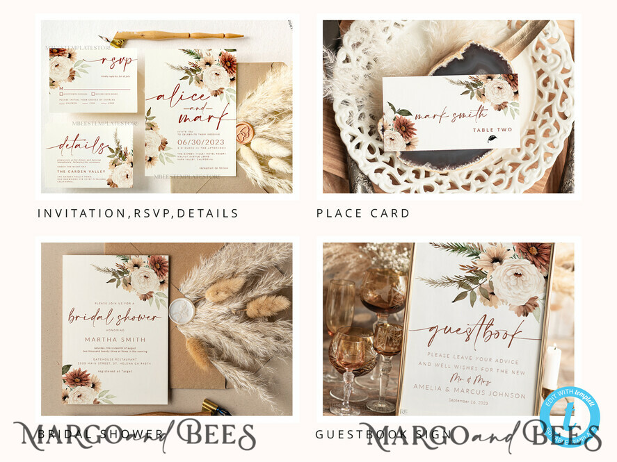 TEMPLETT wedding set Fall Rustic Wedding Invitation template dowload Set, wedding Bundle Templates, Diy Home printing wedding Kit Wboho10