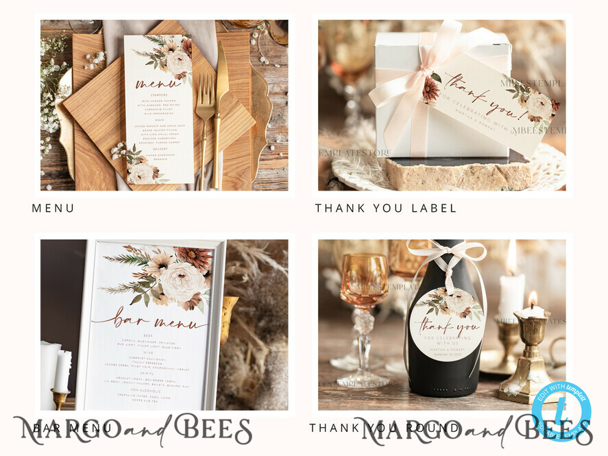 TEMPLETT wedding set Fall Rustic Wedding Invitation template dowload Set, wedding Bundle Templates, Diy Home printing wedding Kit Wboho10