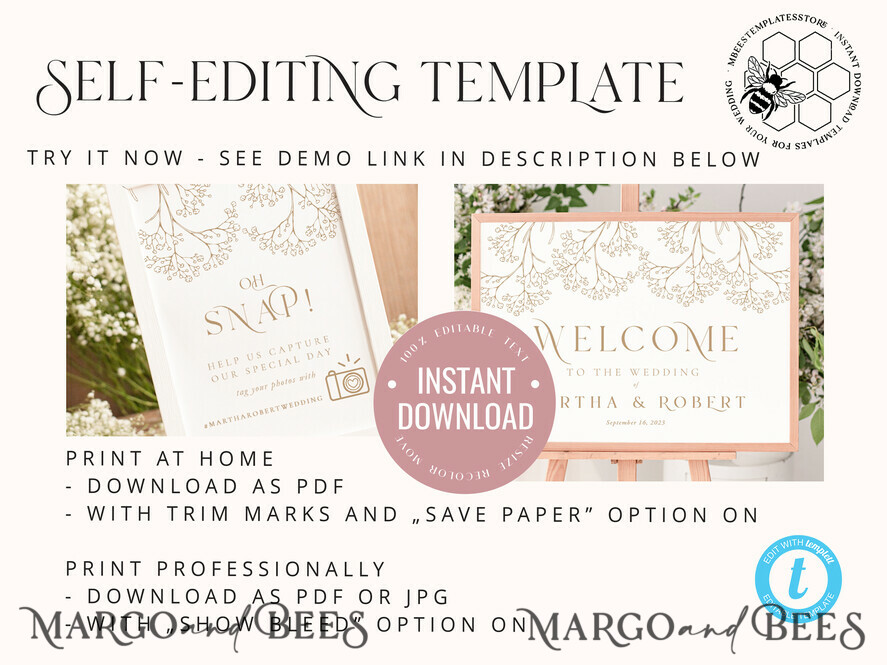 TEMPLETT wedding set Rustic gypsophila Boho Wedding Stationery Bundle, boho barn Wedding Template Kit, Wedding Invitation Set, Invitation Template Download Set, WSpr1