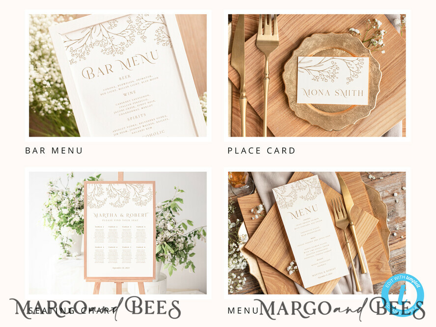 TEMPLETT wedding set Rustic gypsophila Boho Wedding Stationery Bundle, boho barn Wedding Template Kit, Wedding Invitation Set, Invitation Template Download Set, WSpr1