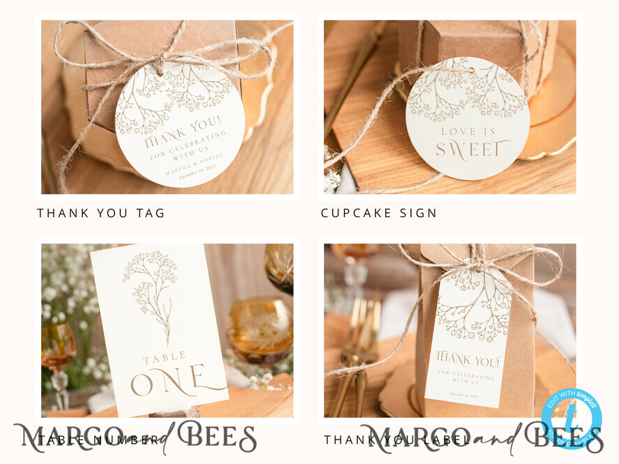 TEMPLETT wedding set Rustic gypsophila Boho Wedding Stationery Bundle, boho barn Wedding Template Kit, Wedding Invitation Set, Invitation Template Download Set, WSpr1