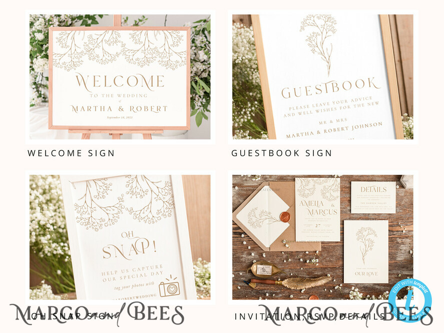 TEMPLETT wedding set Rustic gypsophila Boho Wedding Stationery Bundle, boho barn Wedding Template Kit, Wedding Invitation Set, Invitation Template Download Set, WSpr1