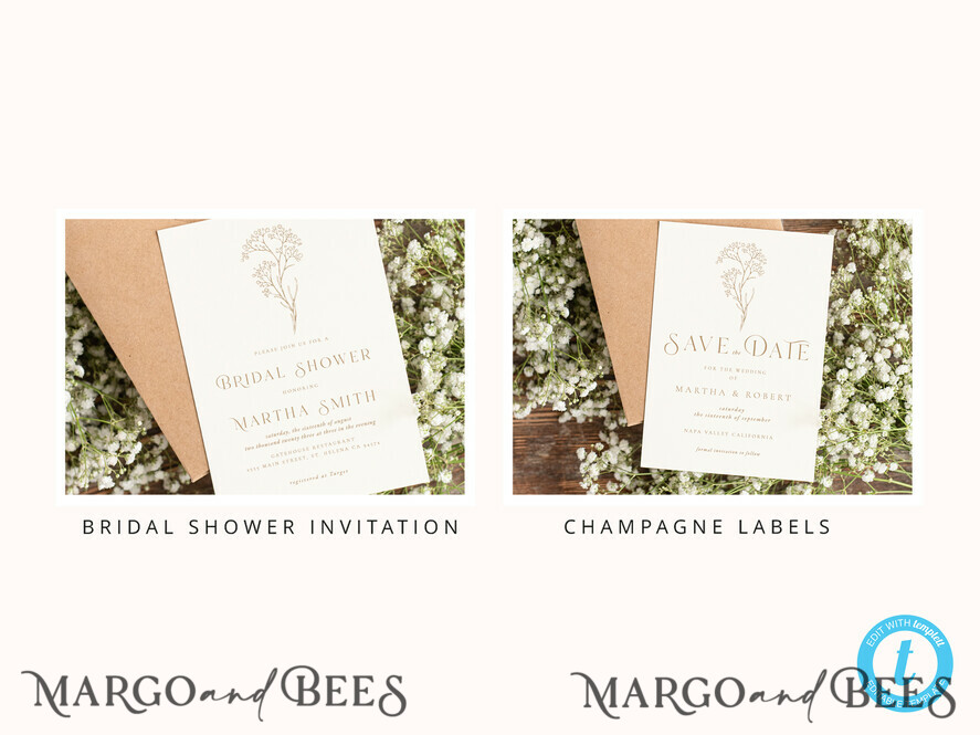 TEMPLETT wedding set Rustic gypsophila Boho Wedding Stationery Bundle, boho barn Wedding Template Kit, Wedding Invitation Set, Invitation Template Download Set, WSpr1