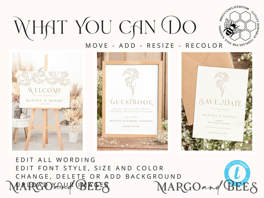 TEMPLETT wedding set Rustic gypsophila Boho Wedding Stationery Bundle, boho barn Wedding Template Kit, Wedding Invitation Set, Invitation Template Download Set, WSpr1