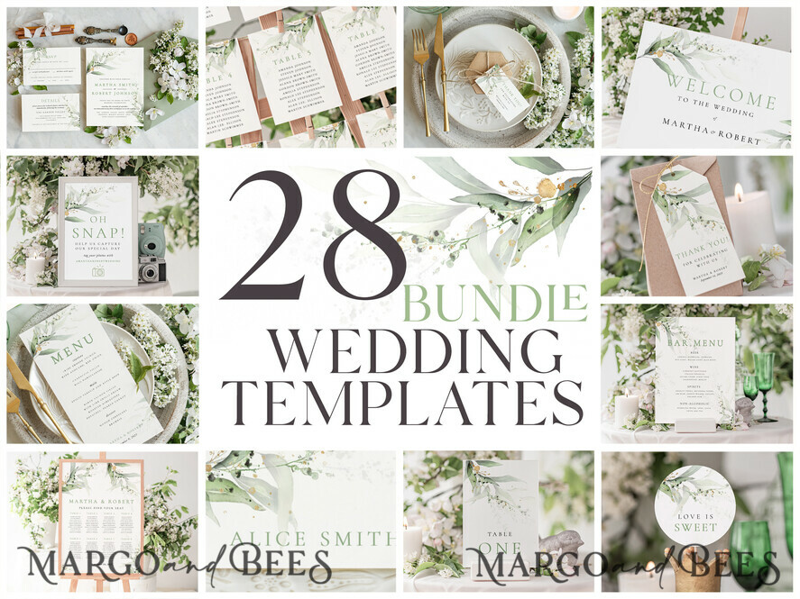 TEMPLETT wedding set Eucalyptus Boho Wedding Stationery Bundle, Greenery Wedding Template Kit, Wedding Invitation Set, Invitation Template Download Set, WSpr1
