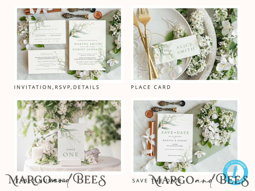 TEMPLETT wedding set Eucalyptus Boho Wedding Stationery Bundle, Greenery Wedding Template Kit, Wedding Invitation Set, Invitation Template Download Set, WSpr1