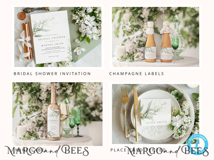 TEMPLETT wedding set Eucalyptus Boho Wedding Stationery Bundle, Greenery Wedding Template Kit, Wedding Invitation Set, Invitation Template Download Set, WSpr1