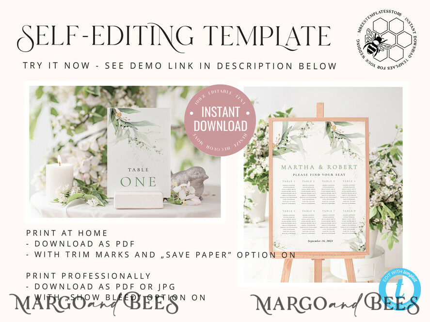 TEMPLETT wedding set Eucalyptus Boho Wedding Stationery Bundle, Greenery Wedding Template Kit, Wedding Invitation Set, Invitation Template Download Set, WSpr1