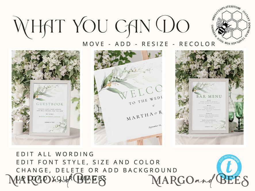 TEMPLETT wedding set Eucalyptus Boho Wedding Stationery Bundle, Greenery Wedding Template Kit, Wedding Invitation Set, Invitation Template Download Set, WSpr1