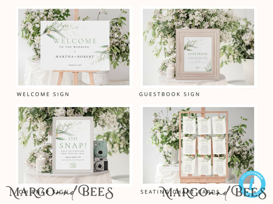 TEMPLETT wedding set Eucalyptus Boho Wedding Stationery Bundle, Greenery Wedding Template Kit, Wedding Invitation Set, Invitation Template Download Set, WSpr1