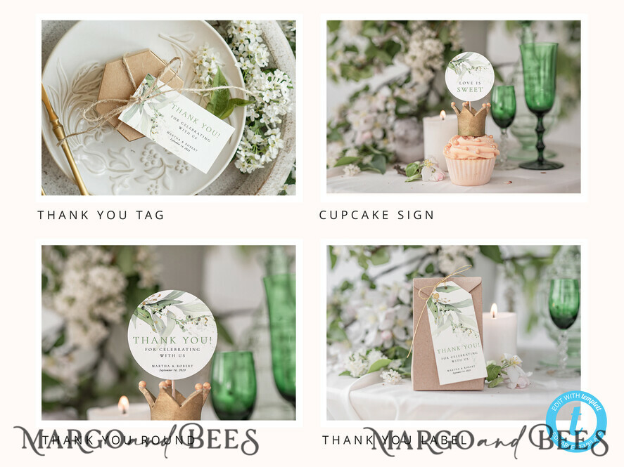 TEMPLETT wedding set Eucalyptus Boho Wedding Stationery Bundle, Greenery Wedding Template Kit, Wedding Invitation Set, Invitation Template Download Set, WSpr1