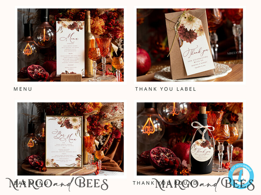 TEMPLETT wedding set Terracotta Boho Wedding Invitation template dowload Set, wedding Bundle Templates, Diy Home printing wedding Kit