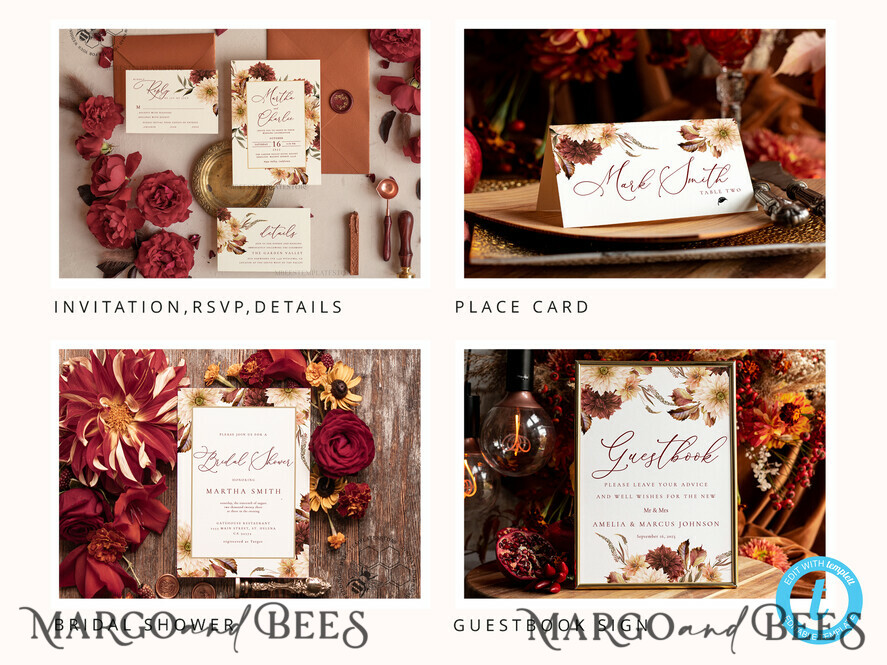 TEMPLETT wedding set Terracotta Boho Wedding Invitation template dowload Set, wedding Bundle Templates, Diy Home printing wedding Kit