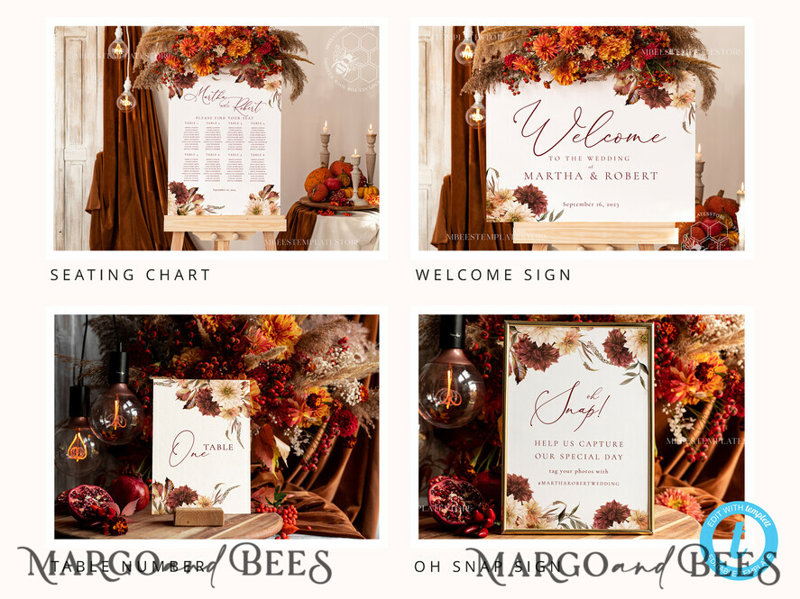 TEMPLETT wedding set Terracotta Boho Wedding Invitation template dowload Set, wedding Bundle Templates, Diy Home printing wedding Kit