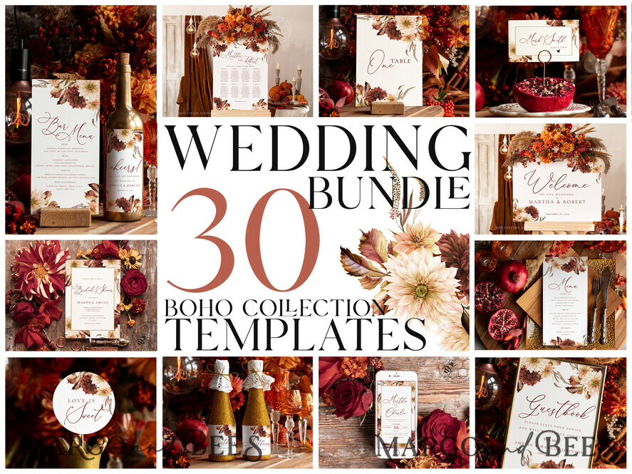TEMPLETT wedding set Terracotta Boho Wedding Invitation template dowload Set, wedding Bundle Templates, Diy Home printing wedding Kit