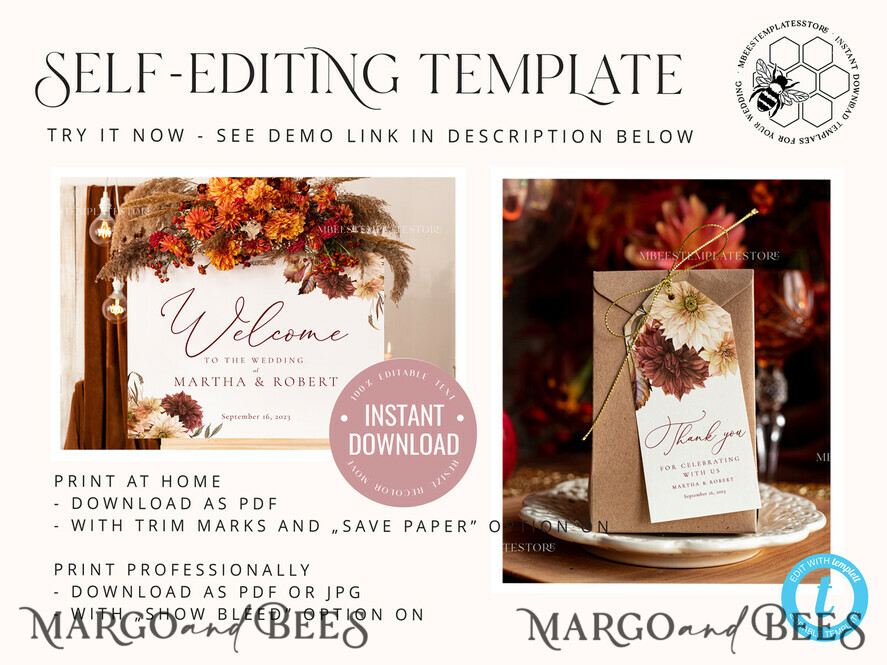 TEMPLETT wedding set Terracotta Boho Wedding Invitation template dowload Set, wedding Bundle Templates, Diy Home printing wedding Kit