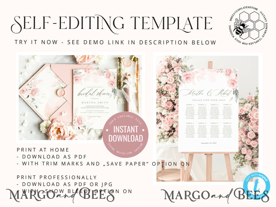 TEMPLETT wedding set Blush Romantic Roses Wedding Set Bundle Templates Elegant Invitation Personalised Template Kit Wedding Invitation Set Invitation Download