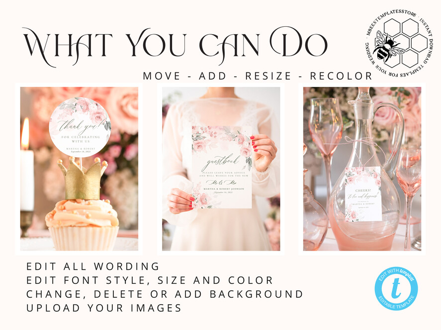 TEMPLETT wedding set Blush Romantic Roses Wedding Set Bundle Templates Elegant Invitation Personalised Template Kit Wedding Invitation Set Invitation Download