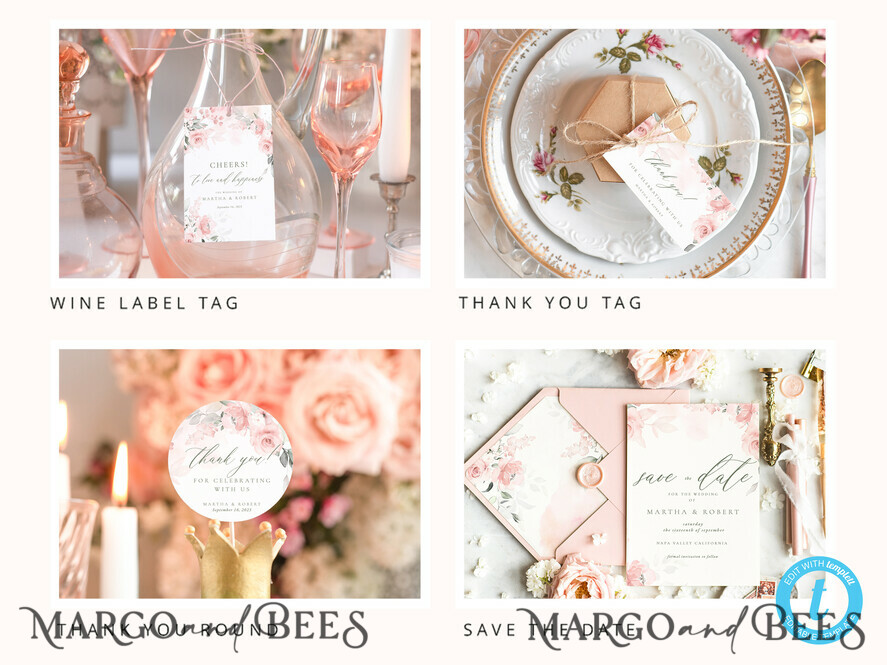 TEMPLETT wedding set Blush Romantic Roses Wedding Set Bundle Templates Elegant Invitation Personalised Template Kit Wedding Invitation Set Invitation Download