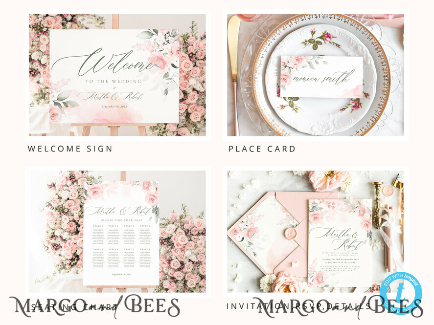 TEMPLETT wedding set Blush Romantic Roses Wedding Set Bundle Templates Elegant Invitation Personalised Template Kit Wedding Invitation Set Invitation Download