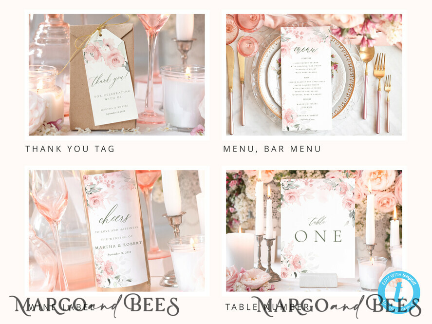 TEMPLETT wedding set Blush Romantic Roses Wedding Set Bundle Templates Elegant Invitation Personalised Template Kit Wedding Invitation Set Invitation Download