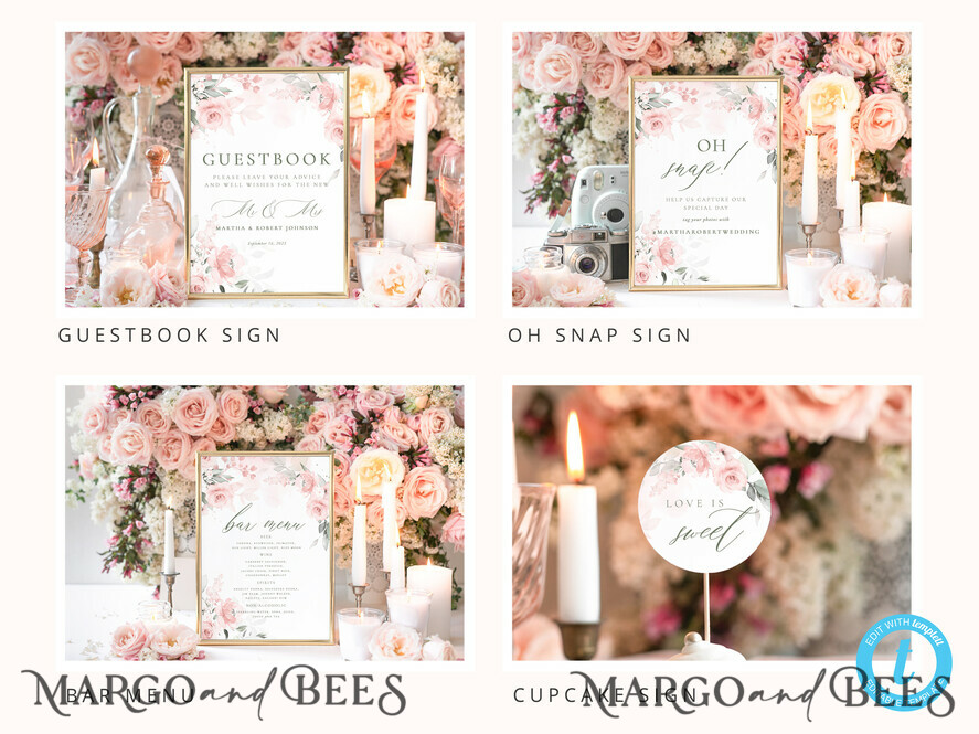 TEMPLETT wedding set Blush Romantic Roses Wedding Set Bundle Templates Elegant Invitation Personalised Template Kit Wedding Invitation Set Invitation Download