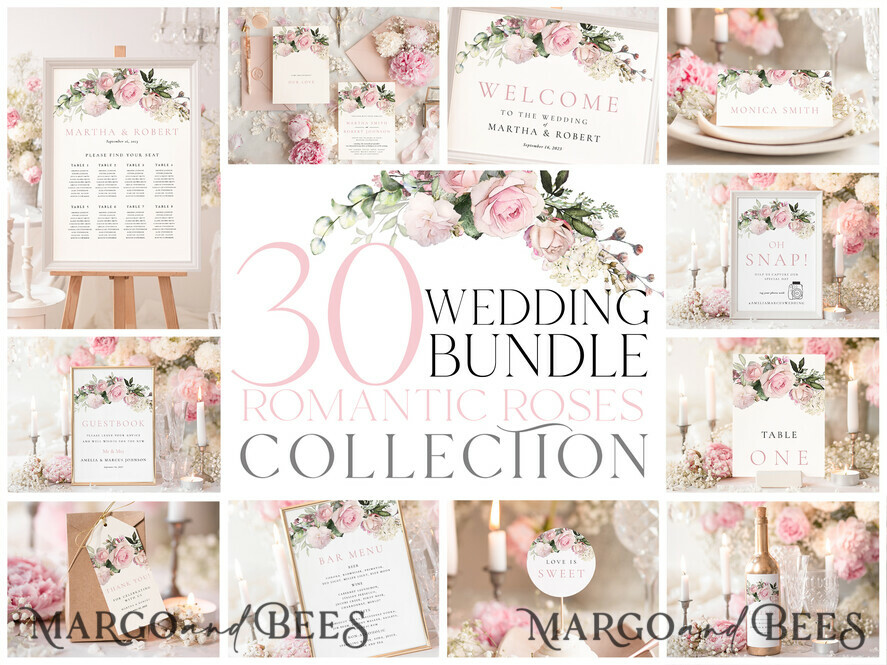 TEMPLETT wedding set Elegant Romantic Roses Wedding Set Bundle Templates Elegant Invitation Personalised Template Kit Wedding Invitation Set Invitation Download