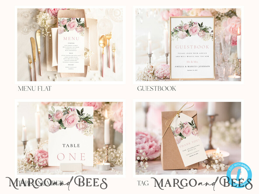 TEMPLETT wedding set Elegant Romantic Roses Wedding Set Bundle Templates Elegant Invitation Personalised Template Kit Wedding Invitation Set Invitation Download