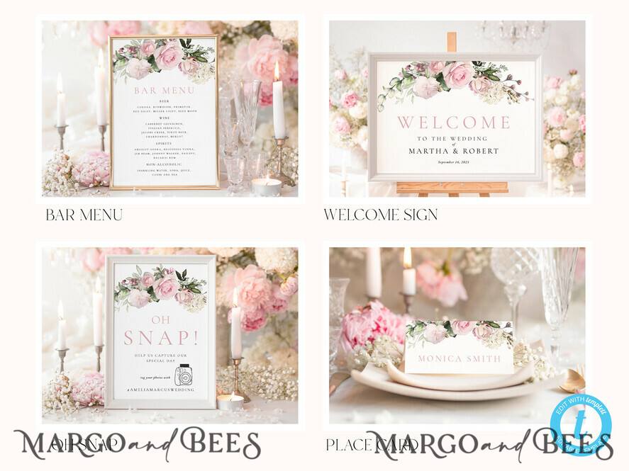 TEMPLETT wedding set Elegant Romantic Roses Wedding Set Bundle Templates Elegant Invitation Personalised Template Kit Wedding Invitation Set Invitation Download