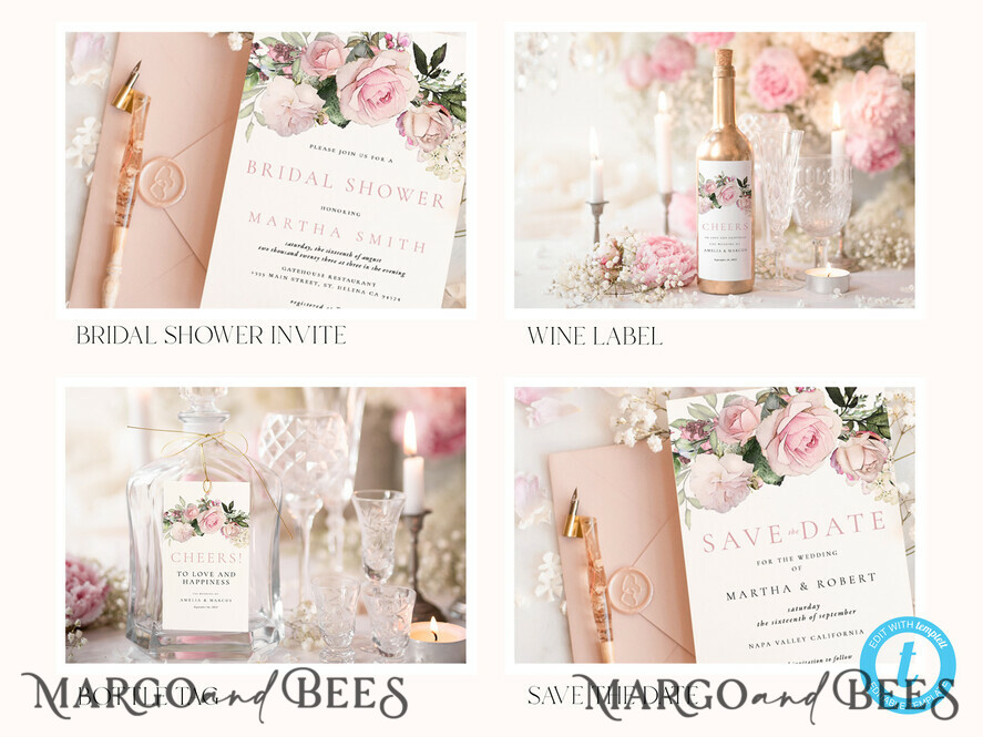 TEMPLETT wedding set Elegant Romantic Roses Wedding Set Bundle Templates Elegant Invitation Personalised Template Kit Wedding Invitation Set Invitation Download