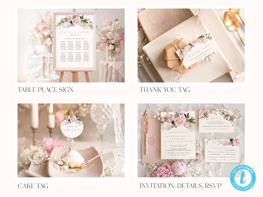 TEMPLETT wedding set Elegant Romantic Roses Wedding Set Bundle Templates Elegant Invitation Personalised Template Kit Wedding Invitation Set Invitation Download