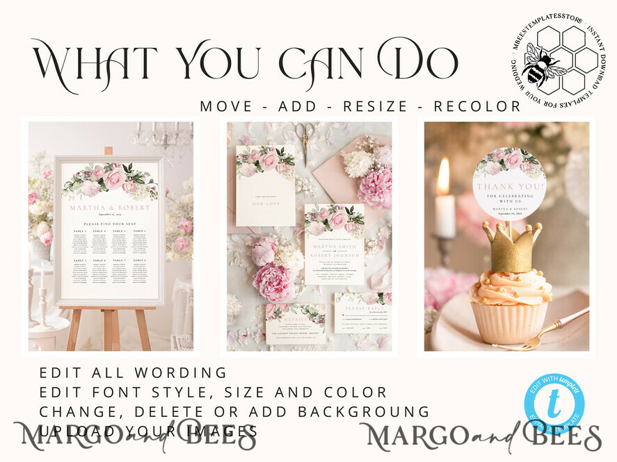 TEMPLETT wedding set Elegant Romantic Roses Wedding Set Bundle Templates Elegant Invitation Personalised Template Kit Wedding Invitation Set Invitation Download