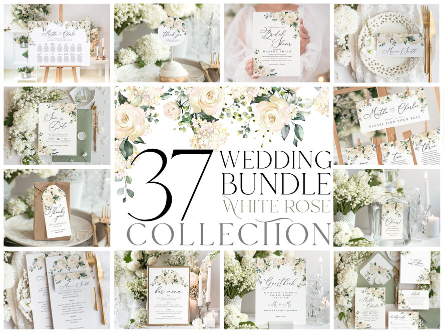 TEMPLETT wedding set Romantic White Roses Wedding Set Bundle Templates Invitation Personalised Elegant Template Kit Wedding Invitation Set Invitation Download