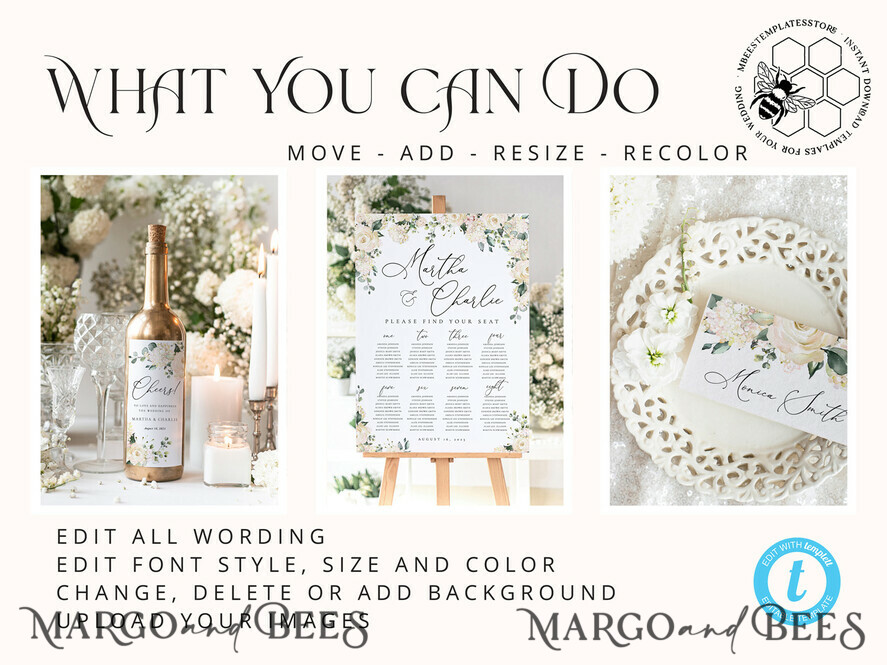 TEMPLETT wedding set Romantic White Roses Wedding Set Bundle Templates Invitation Personalised Elegant Template Kit Wedding Invitation Set Invitation Download