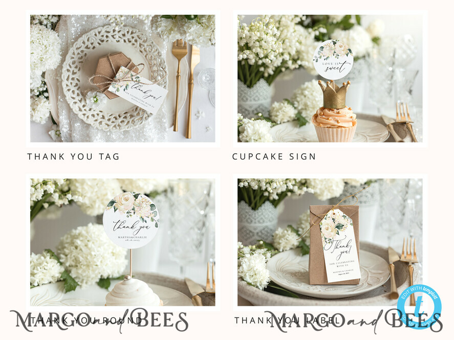 TEMPLETT wedding set Romantic White Roses Wedding Set Bundle Templates Invitation Personalised Elegant Template Kit Wedding Invitation Set Invitation Download