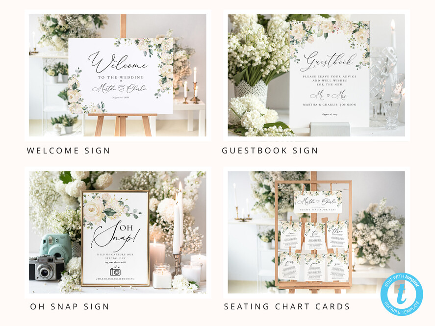 TEMPLETT wedding set Romantic White Roses Wedding Set Bundle Templates Invitation Personalised Elegant Template Kit Wedding Invitation Set Invitation Download